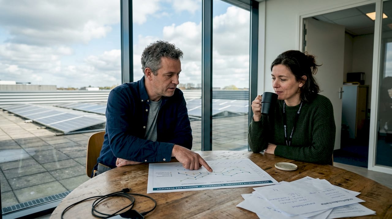Een groep facilitair managers zit samen aan tafel om de energieverbruikscijfers door te nemen.