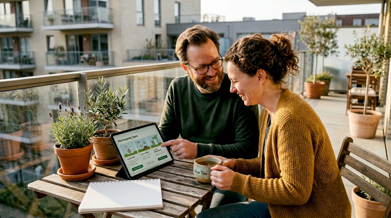 Huiseigenaren bespreken de verschillende soorten warmtepompen met elkaar aan de keukentafel.