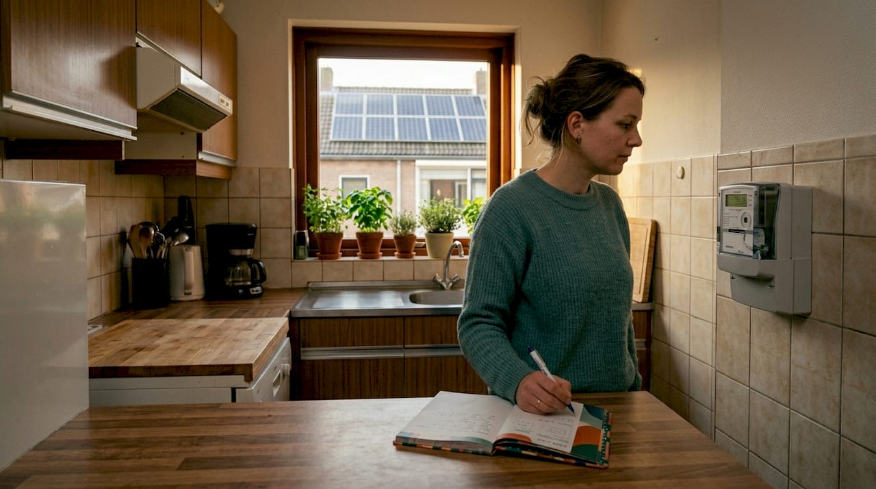 Een vrouw schrijft de digitale meterstanden van haar zonnepanelen op.