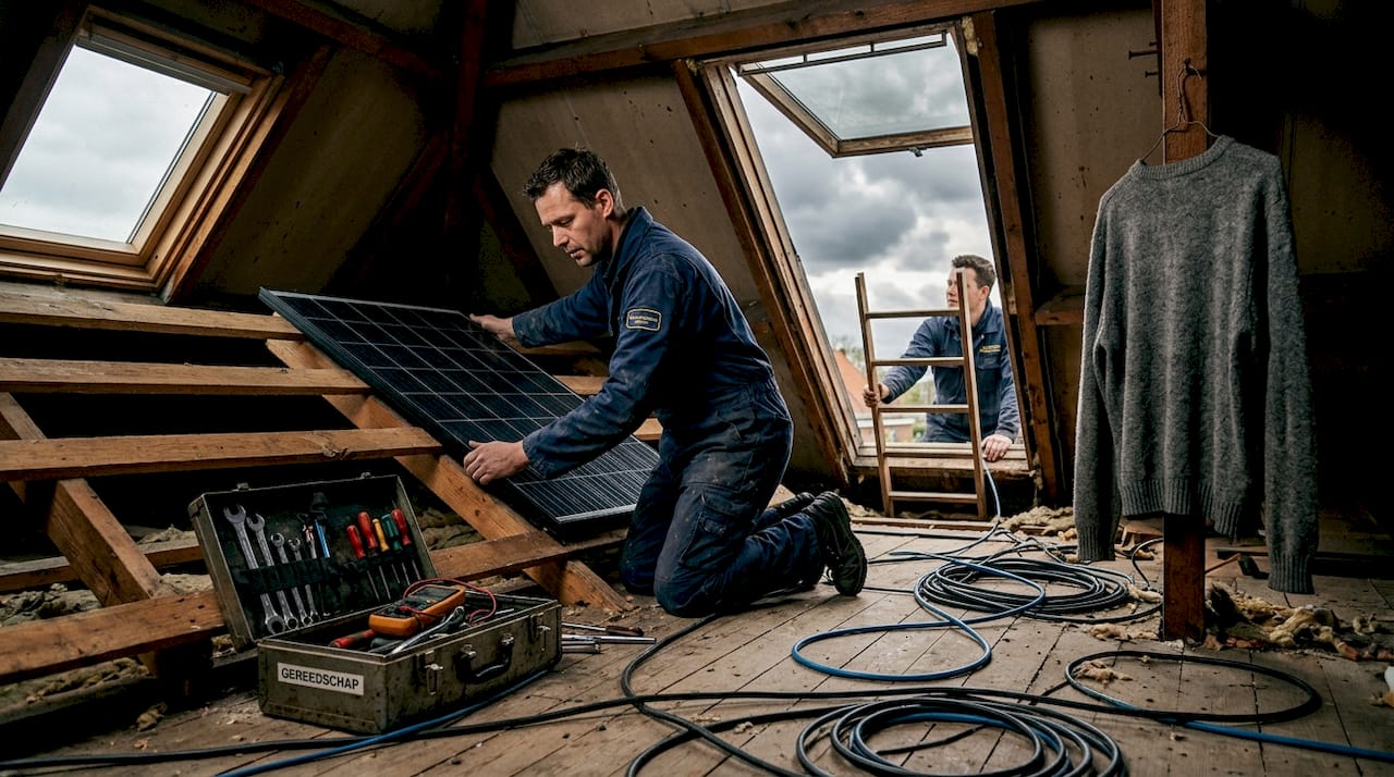 Monteurs installeren zonnepanelen op het dak van de zolder.