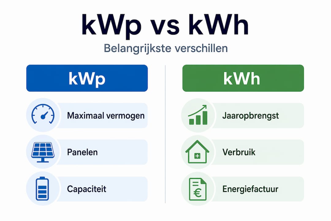 Infographic: Wat is het verschil tussen kWp en kWh bij zonnepanelen?
