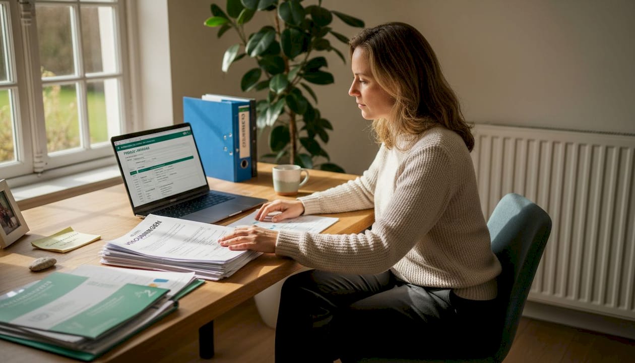 De energieadviseur beoordeelt de laptop-premieaanvraag.