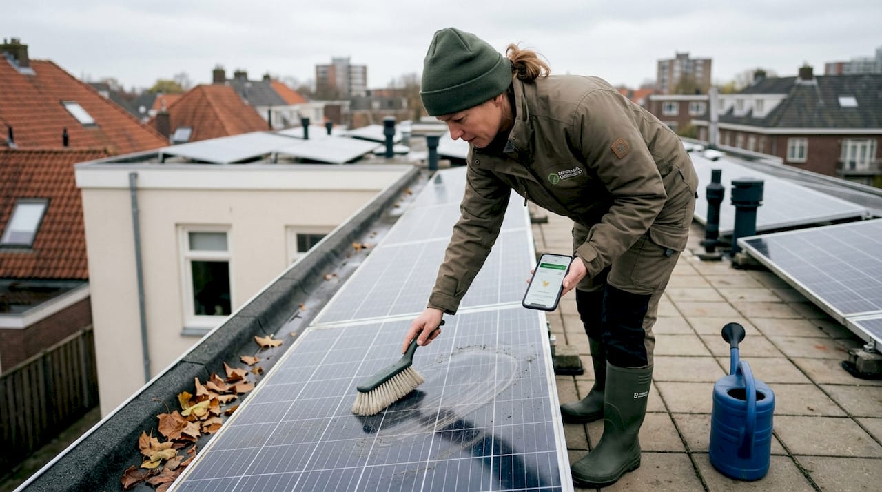 Een vrouw controleert en maakt de zonnepanelen schoon op haar dakterras.