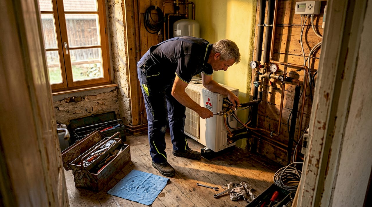 Een monteur inspecteert de leidingen van de warmtepomp in de kelder.