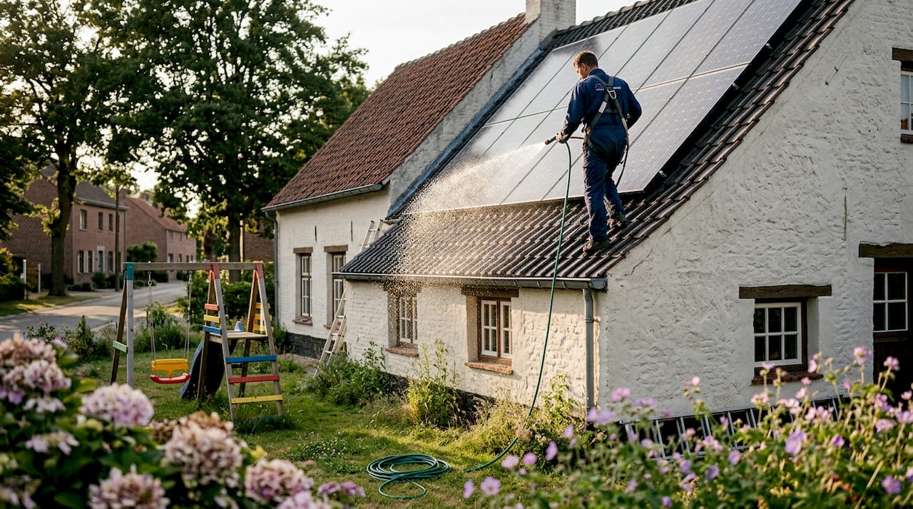 Een technieker maakt de zonnepanelen schoon op het dak van een Vlaamse woning.