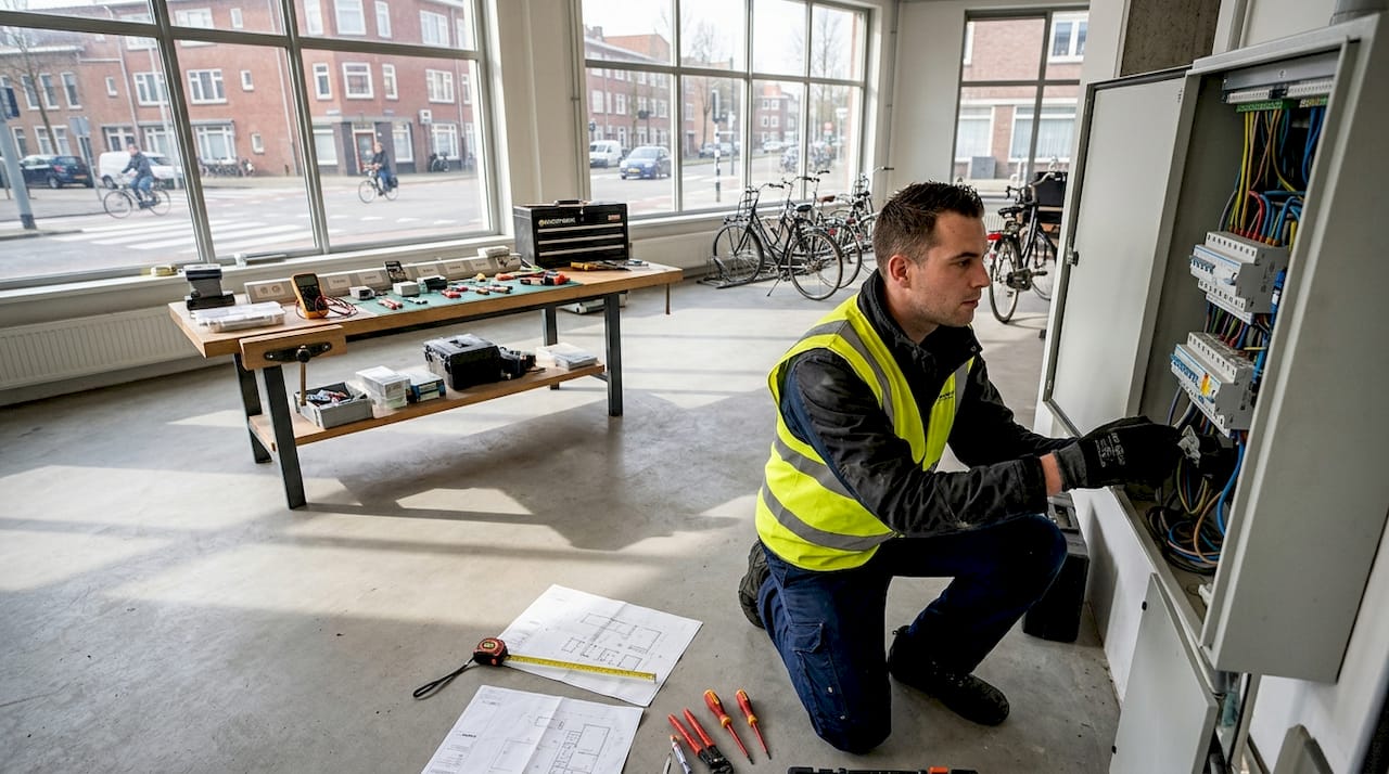 Een elektricien is bezig met werkzaamheden aan de elektra in de garage.