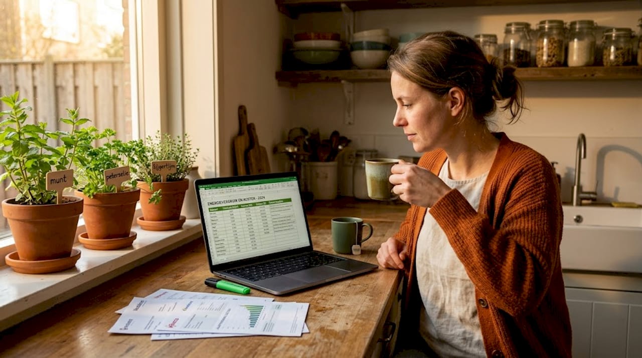 Vrouw rekent thuis uit wat ze aan energie kwijt is
