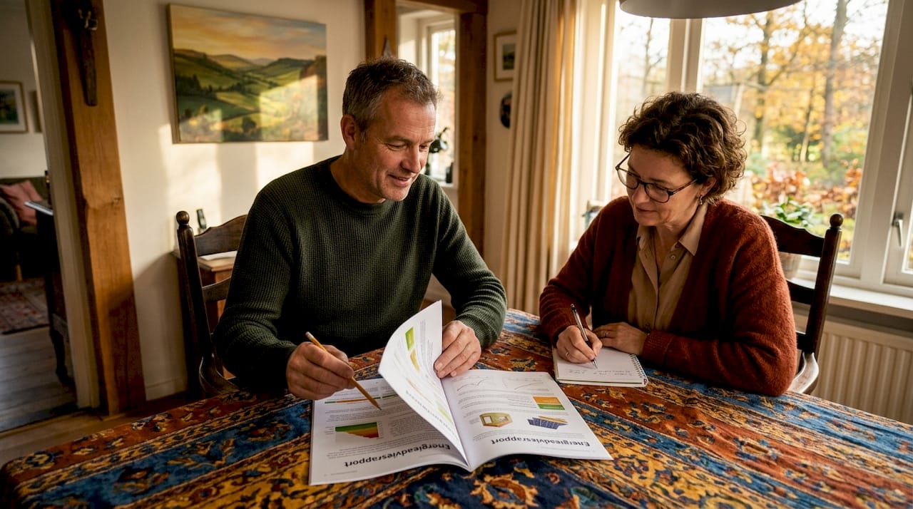 Een stel zit samen in de woonkamer en bespreekt het energieadvies dat ze hebben ontvangen.