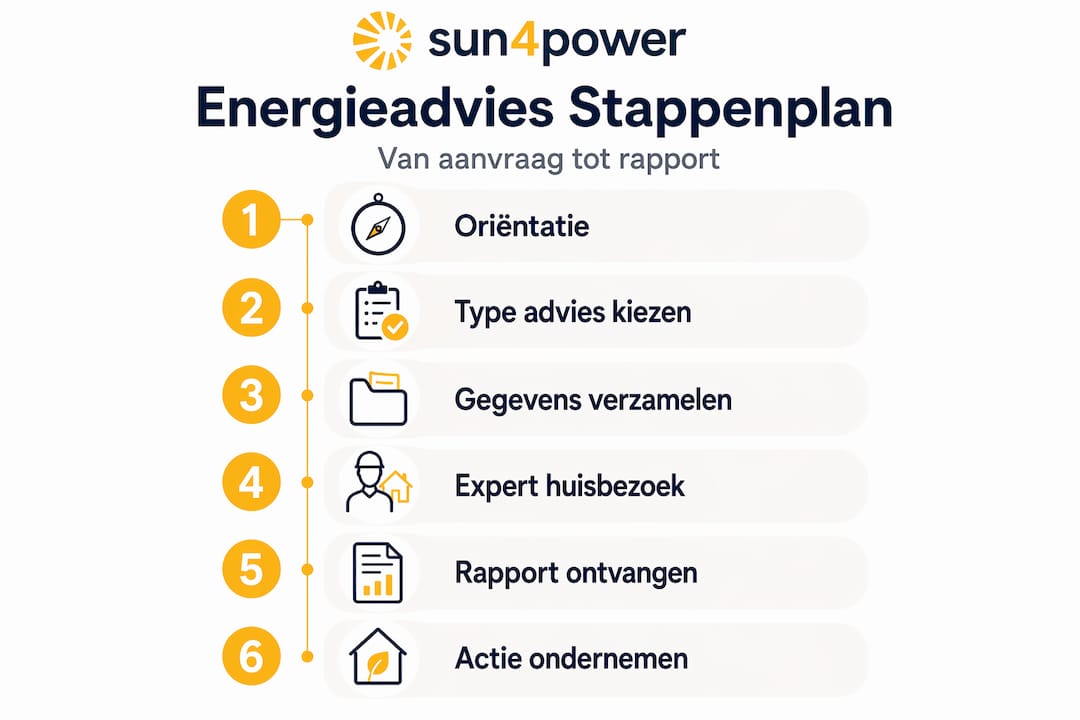 Infographic: zo verloopt het stappenplan voor energieadvies – van aanvraag tot eindrapport