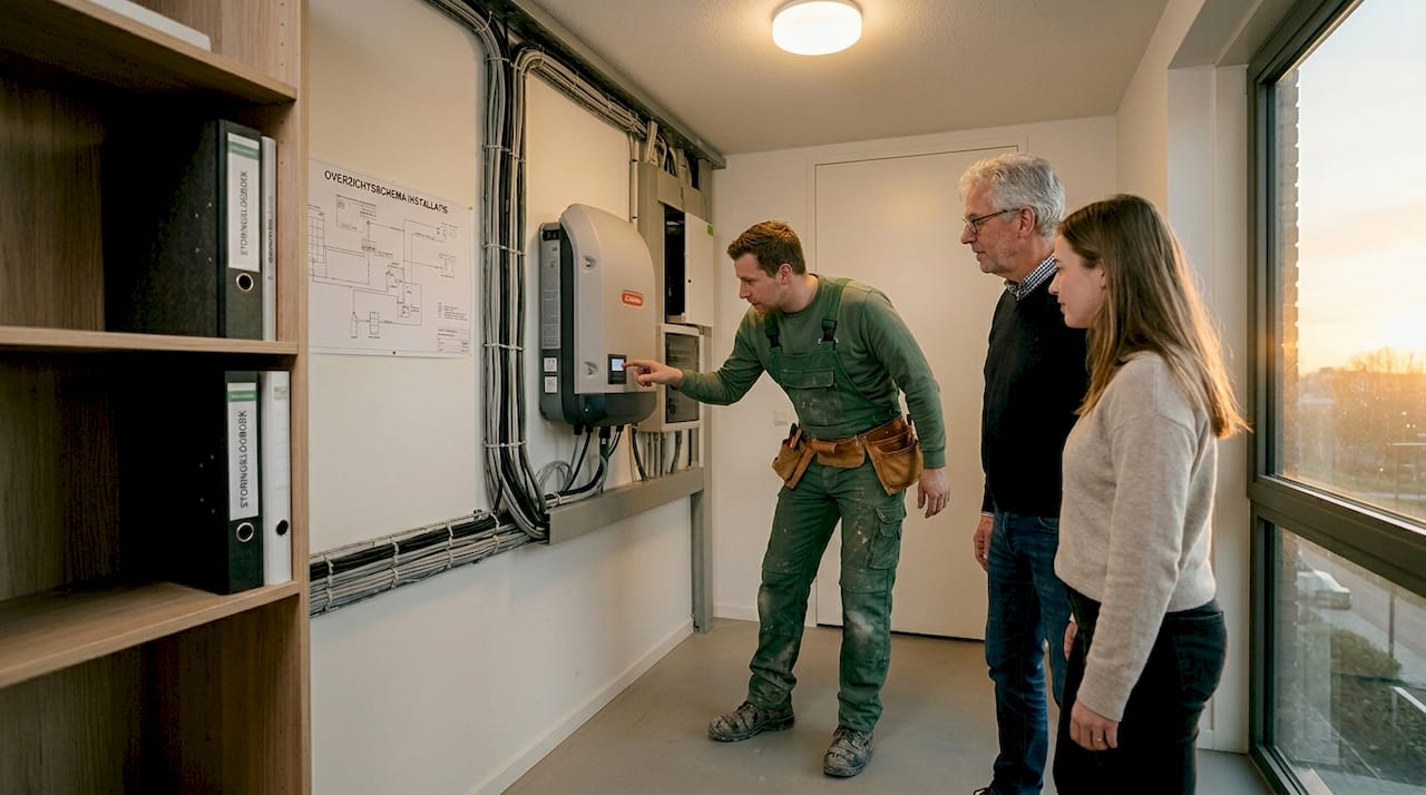 De installateur legt aan de bewoners uit hoe de zonnepanelen worden geplaatst en beantwoordt hun vragen.
