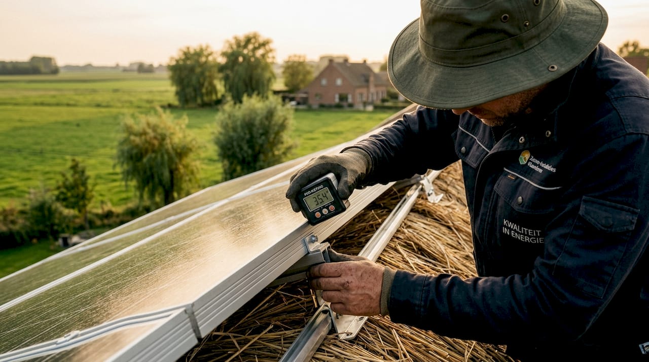 Een monteur stelt de hellingshoek van een zonnepaneel bij.