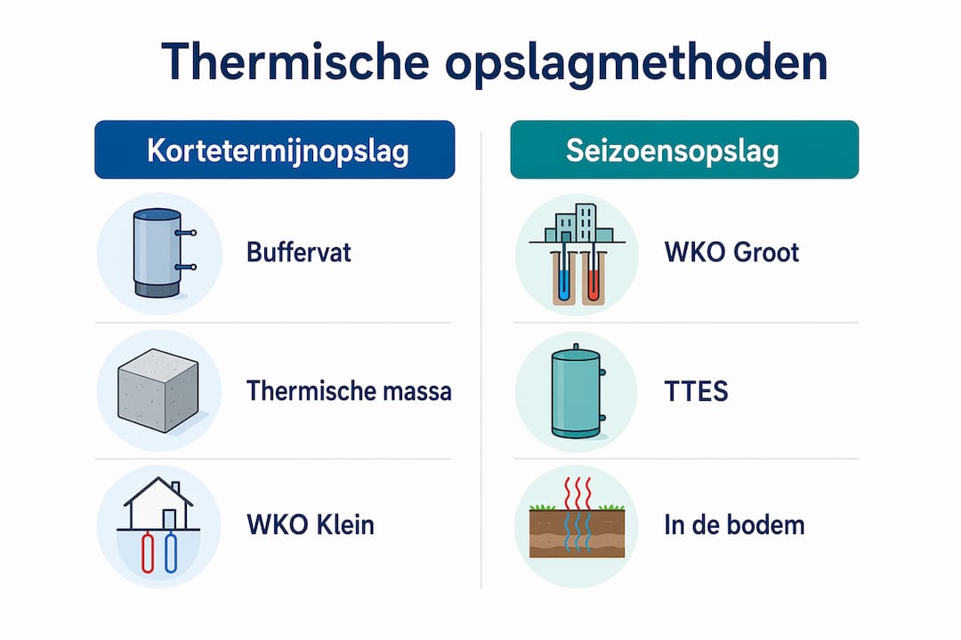 Infographic: een overzicht van kortdurende en seizoensgebonden warmteopslagmethoden naast elkaar