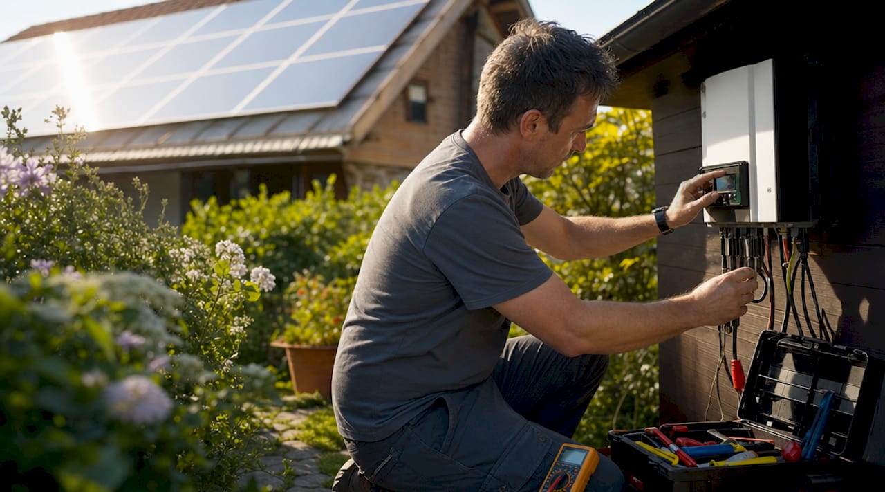 Een monteur stelt de omvormer van de zonnepanelen bij aan de buitenkant van het huis.