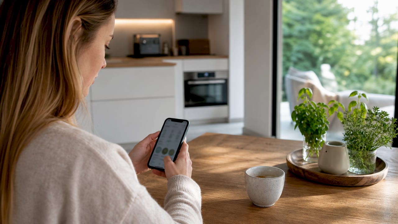 Een paar handen bedienen via een smartphone verschillende apparaten in huis die allemaal aan staan.