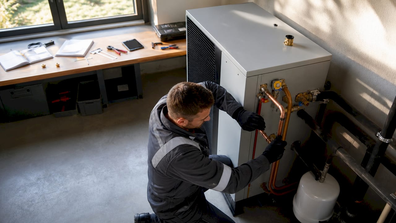Een monteur is bezig met het installeren van een warmtepomp in de technische ruimte.
