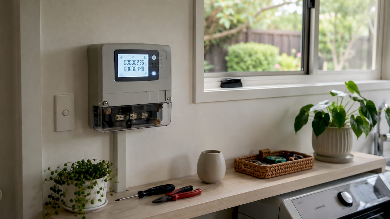 Detailopname van een slimme elektriciteitsmeter met dag- en nachttarief aan de muur.