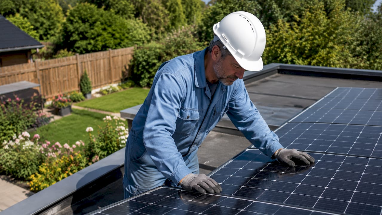 Man controleert zonnepanelen op het dak van zijn huis