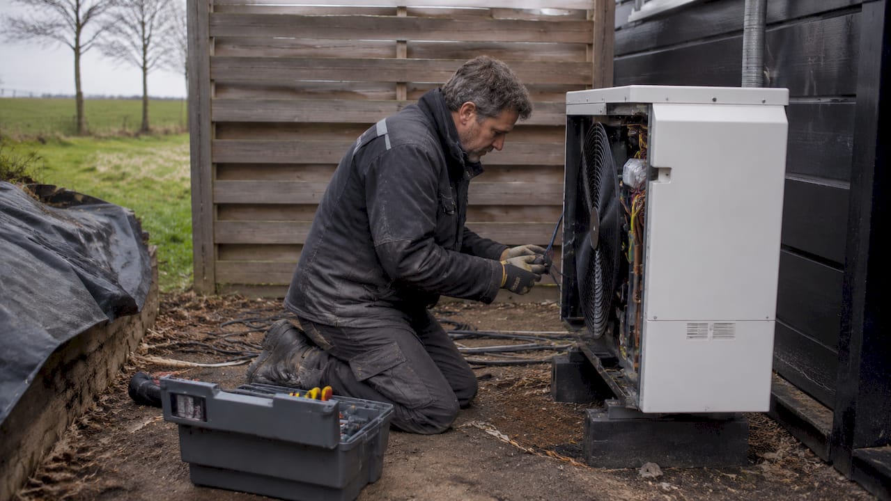 Een monteur is buiten bezig met het installeren van een warmtepomp bij een woning.