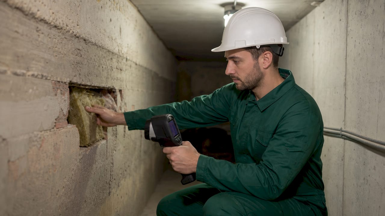 Een vakman inspecteert de isolatie op de zolder.