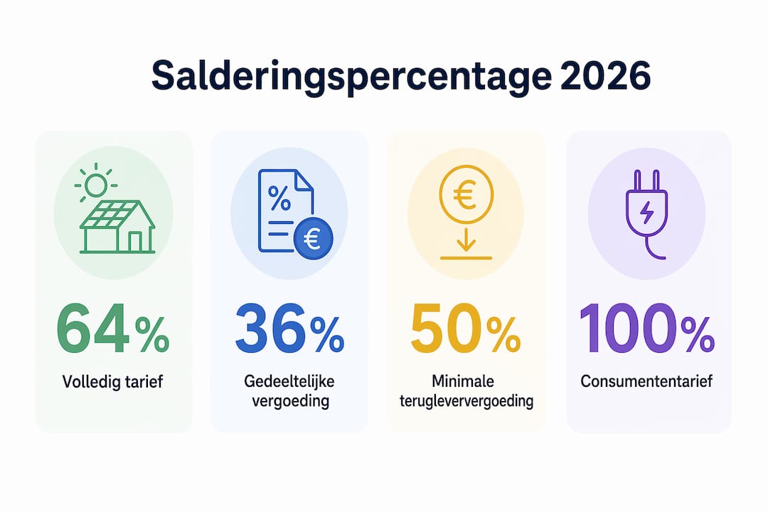 Overzichtelijke infographic met de salderingspercentages en energietarieven voor 2026