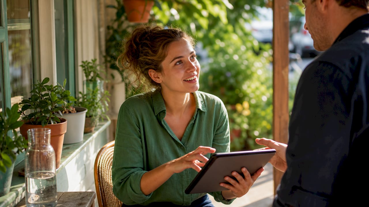 Een vrouw bespreekt een plan voor zonnepanelen tijdens een overleg op kantoor.