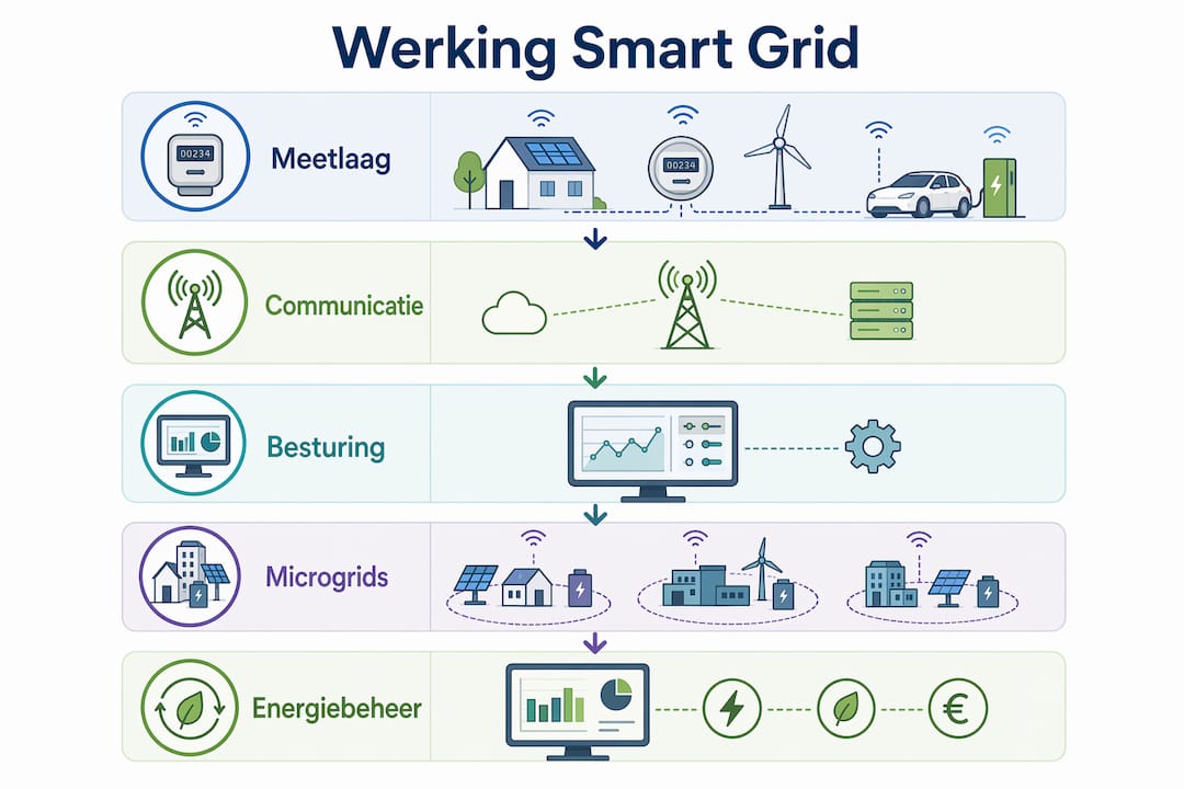 Overzichtelijke infographic die stap voor stap laat zien hoe een smart grid werkt