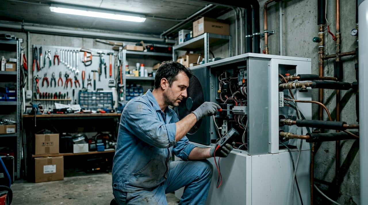 Een monteur controleert de aansluitingen van de warmtepompboiler.