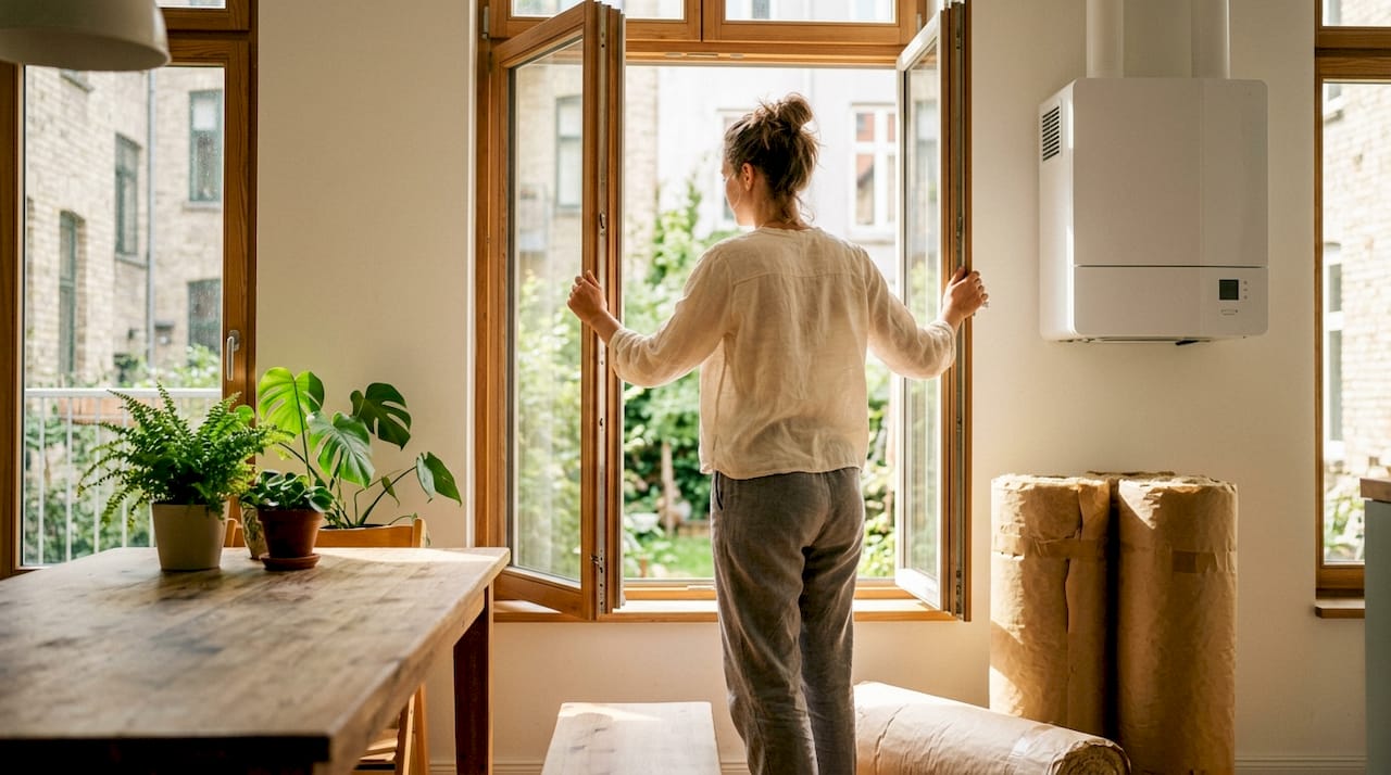 Een vrouw zet de ramen open in haar goed geïsoleerde woning om energie te besparen.