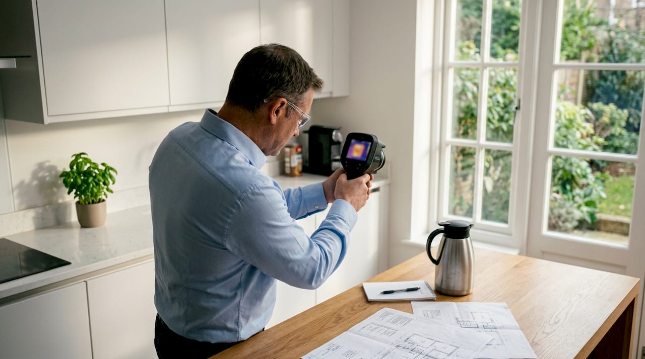 Een technicus controleert het warmteverlies met behulp van een infraroodcamera.