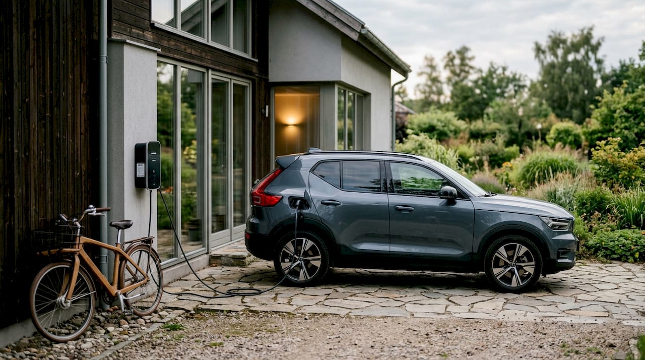 Een elektrische auto staat aan de laadpaal voor het huis.