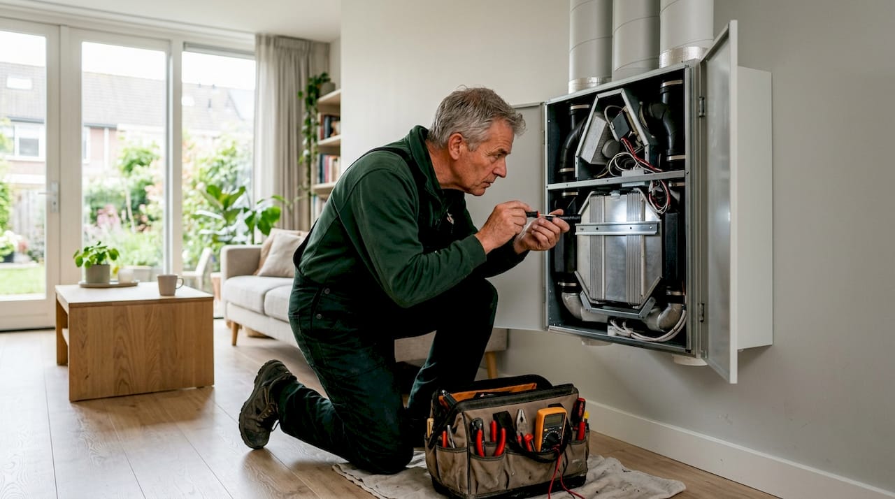 Een monteur voert onderhoud uit aan het ventilatiesysteem in de meterkast.
