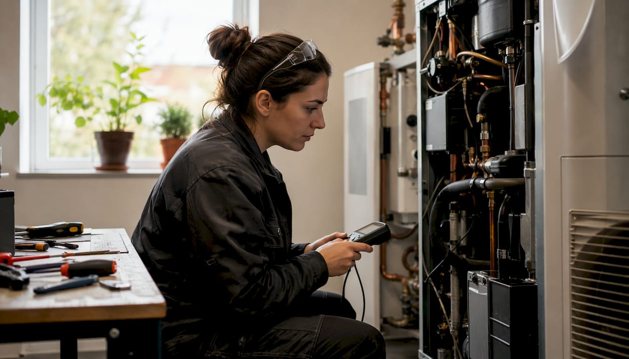 Monteur controleert de installatie van een warmtepomp