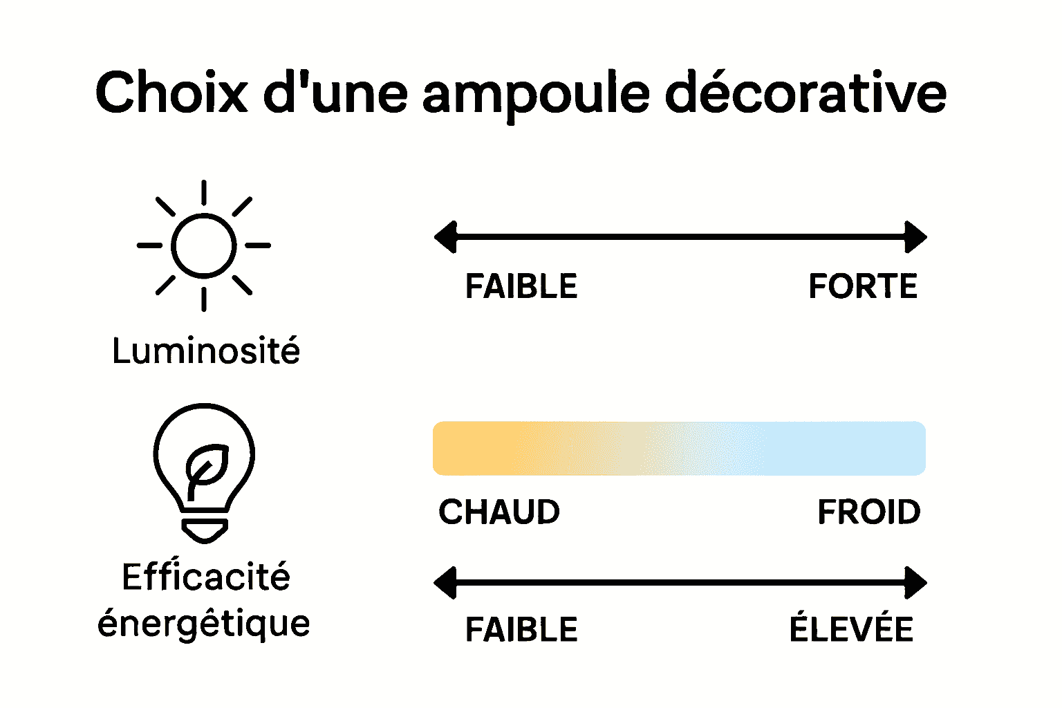 Infographie comparant luminosité, couleur et efficacité des ampoules décoratives