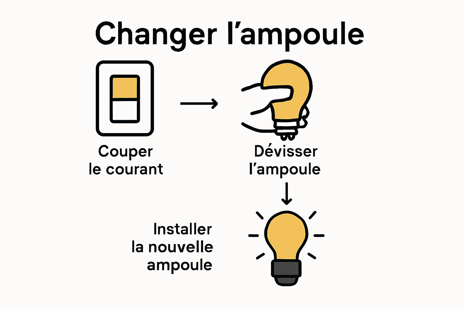 Schéma en trois étapes pour changer une ampoule à incandescence.