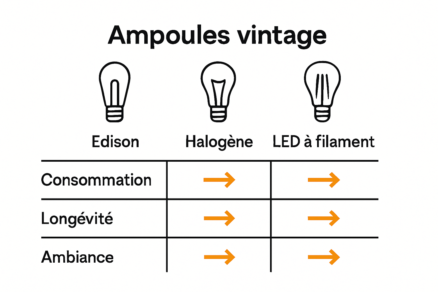 Infographie illustrant les différences clés entre ampoules Edison, halogène et LED à filament.