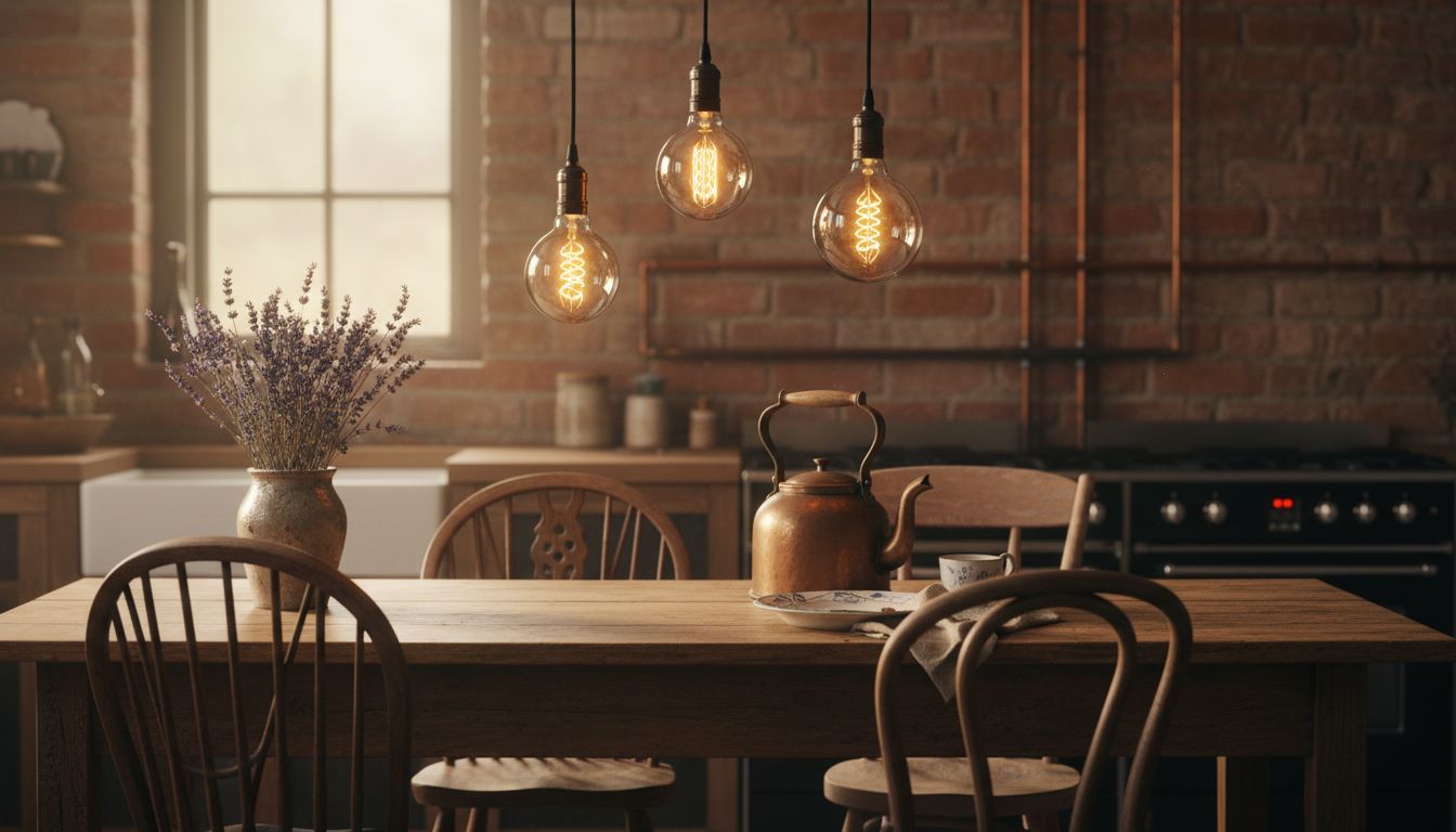 Exposed bulbs above industrial style table
