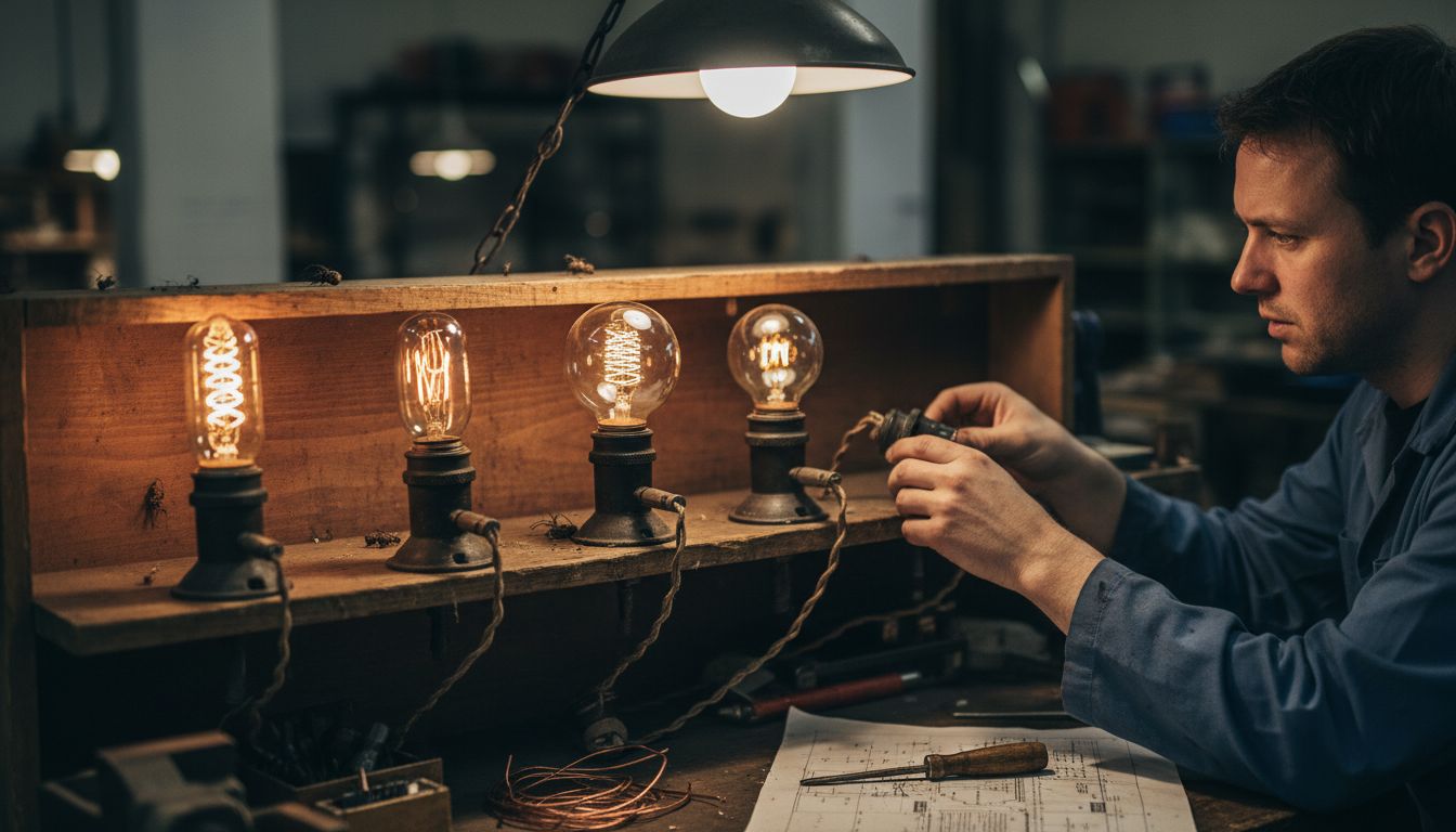 Technician comparing vintage bulb types