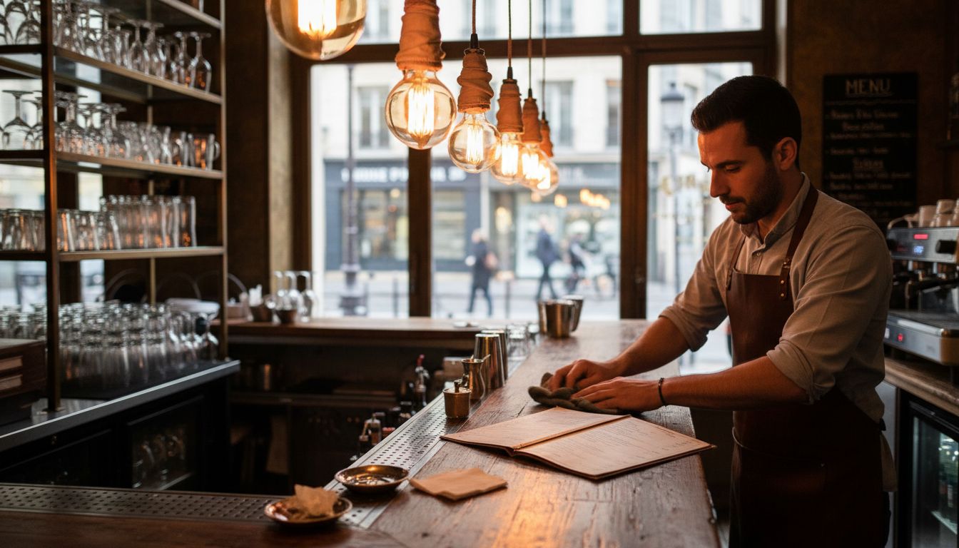 Des ampoules à filament diffusent une lumière chaleureuse au-dessus du comptoir animé d’un café.