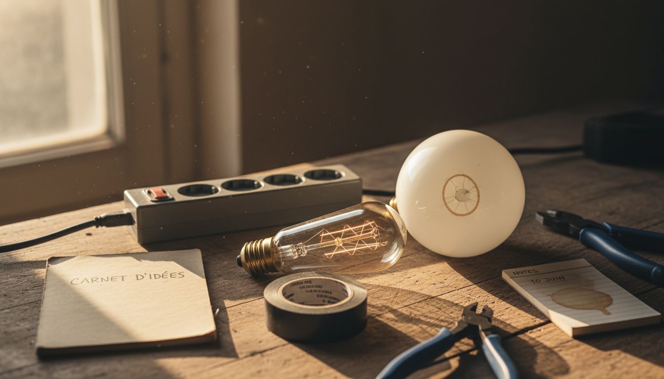 Comparaison d’ampoules anciennes posées sur un établi en bois