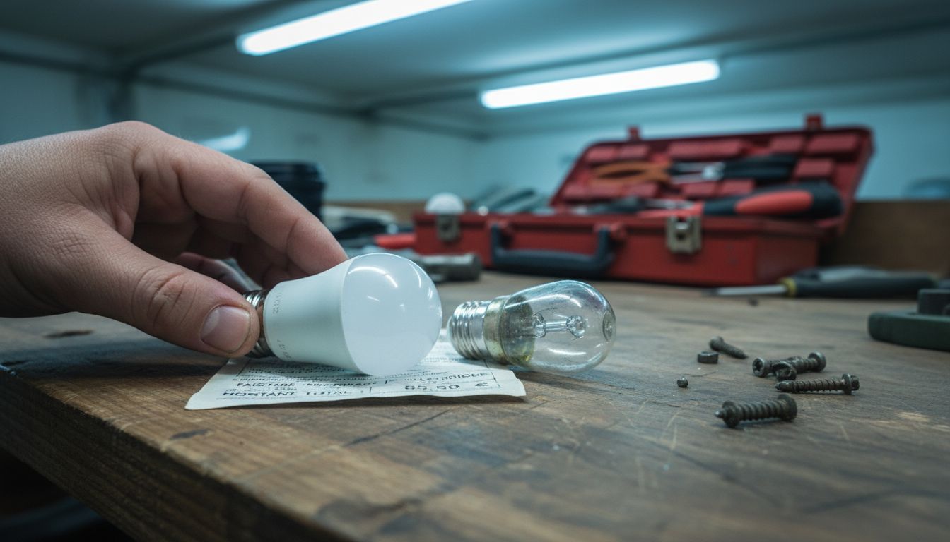 Des ampoules LED et halogènes posées sur un établi