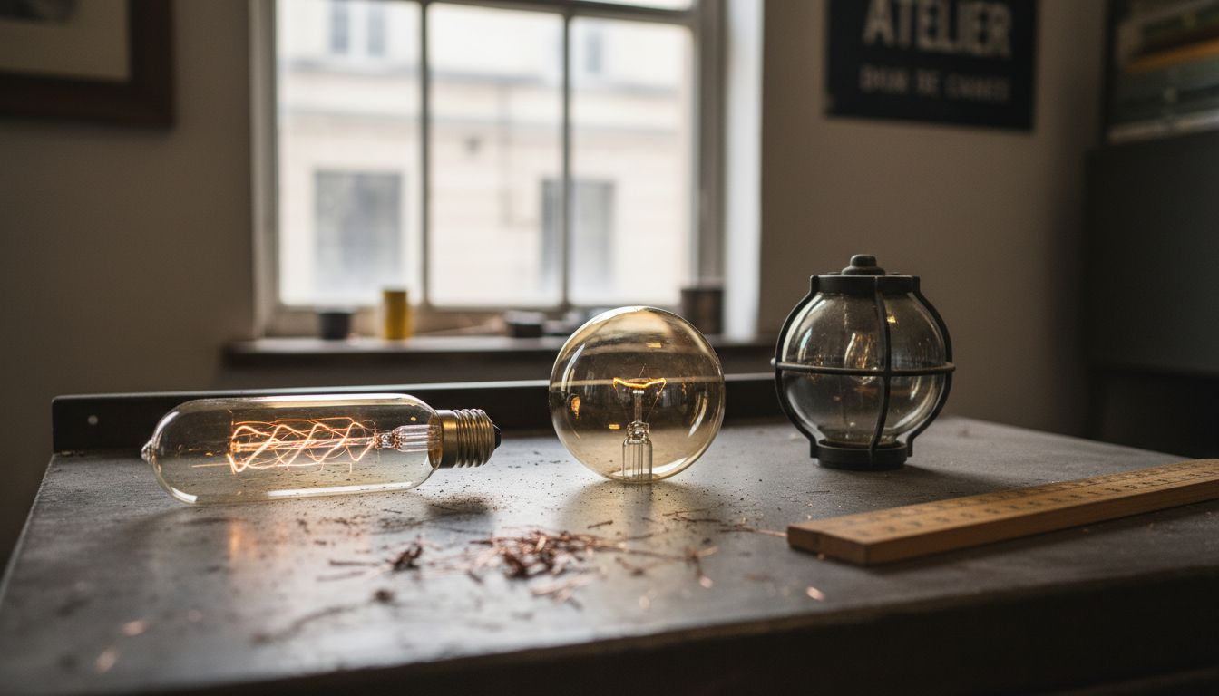 Sur l’établi, trois modèles d’ampoules décoratives se distinguent les uns des autres.