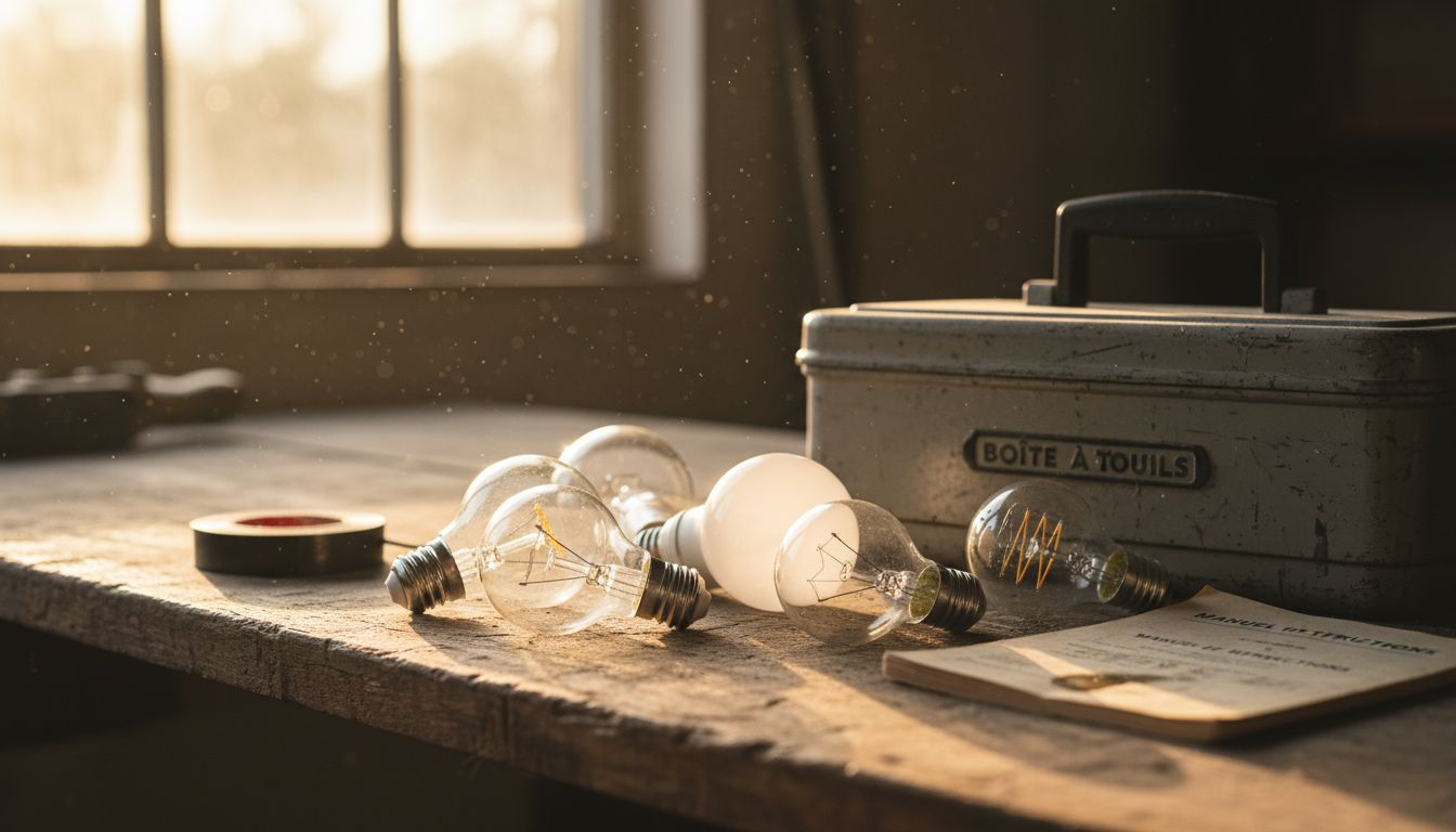 Différents modèles d’ampoules E27 disposés sur un établi