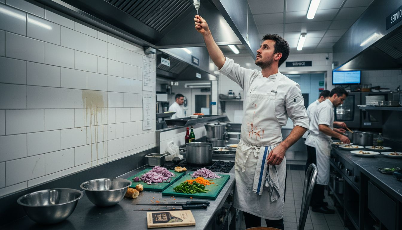 En plein coup de feu, le chef grimpe sur une chaise pour changer une ampoule au-dessus du plan de travail.