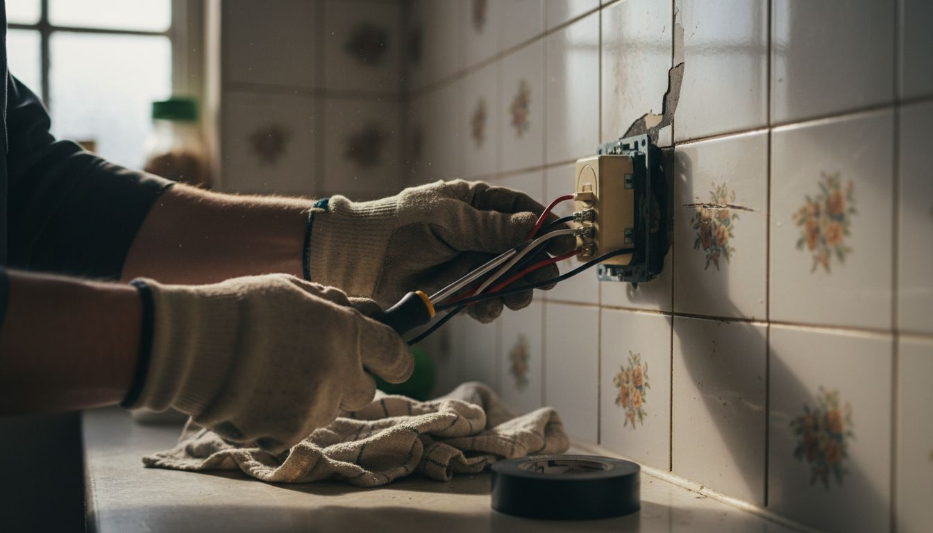Un électricien installe un variateur de lumière sur le mur de la cuisine.