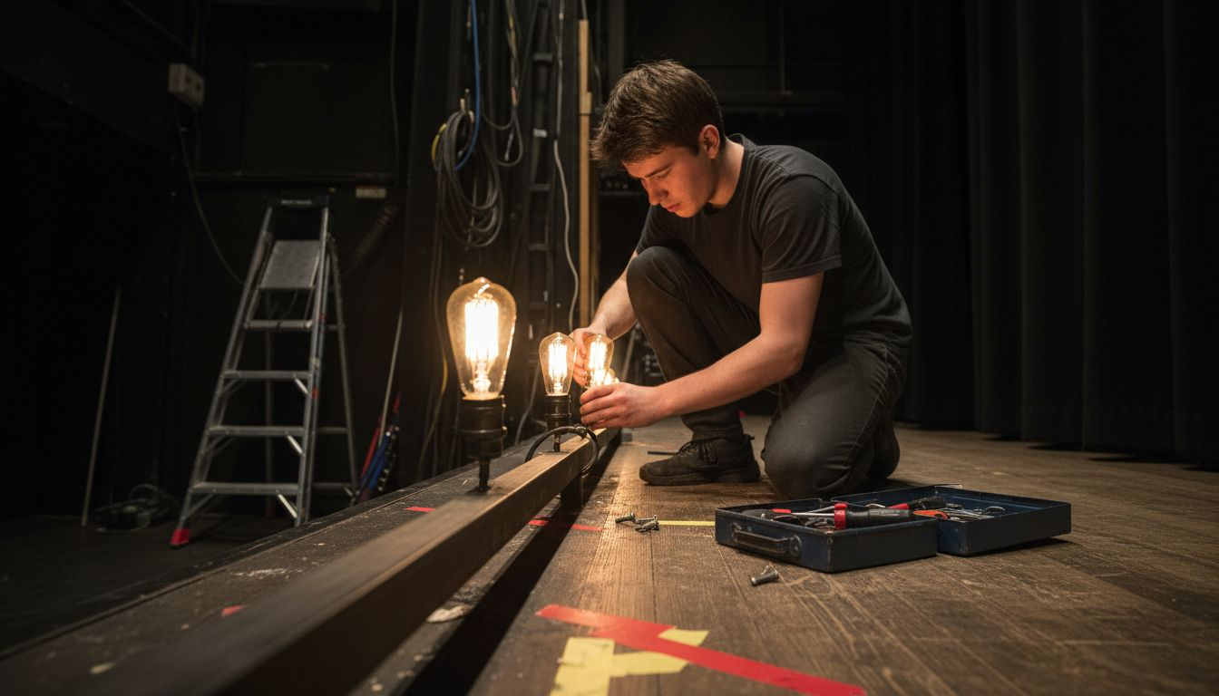 Un technicien s’affaire à installer des ampoules décoratives sur la scène, apportant la touche finale à l’ambiance lumineuse du spectacle.