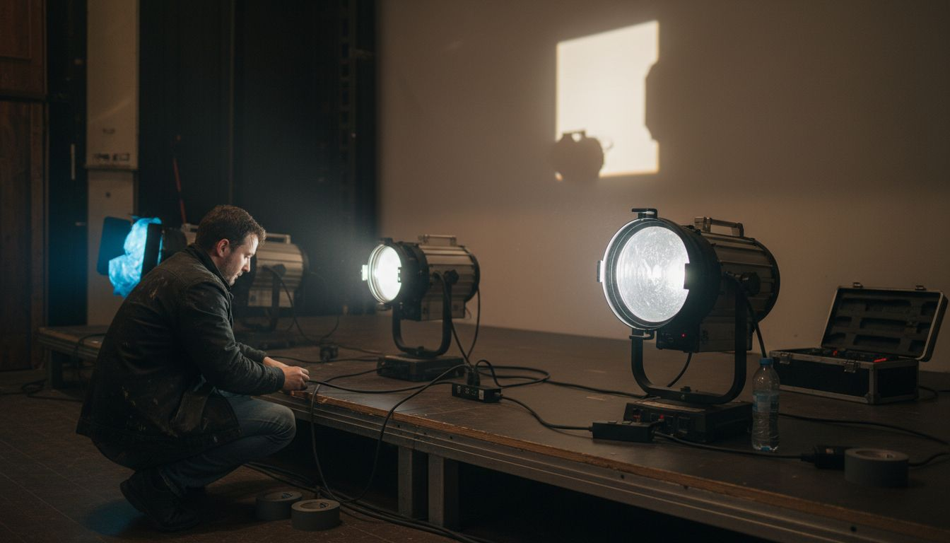 Plusieurs projecteurs sont installés sur la scène, juste derrière le rideau, prêts à illuminer le spectacle.