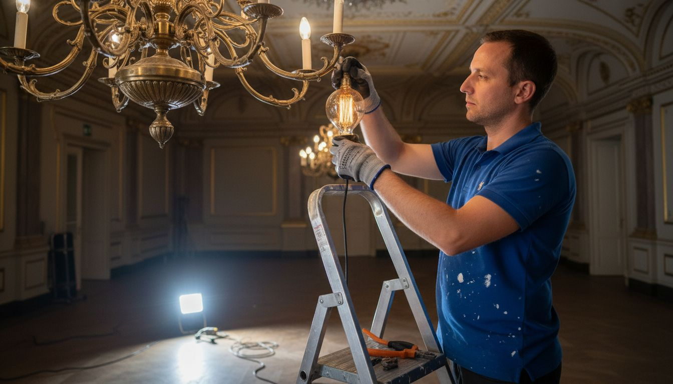 Un technicien en train de poser une ampoule décorative sur un lustre.
