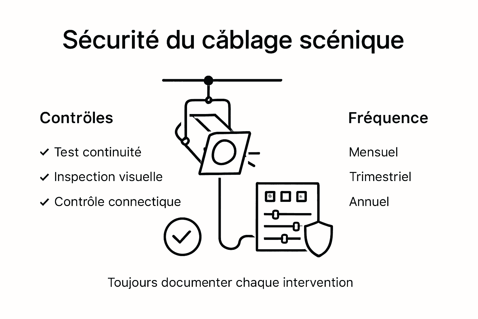 Schéma récapitulatif pour la vérification de la sécurité des installations électriques et de l’éclairage en salle de spectacle
