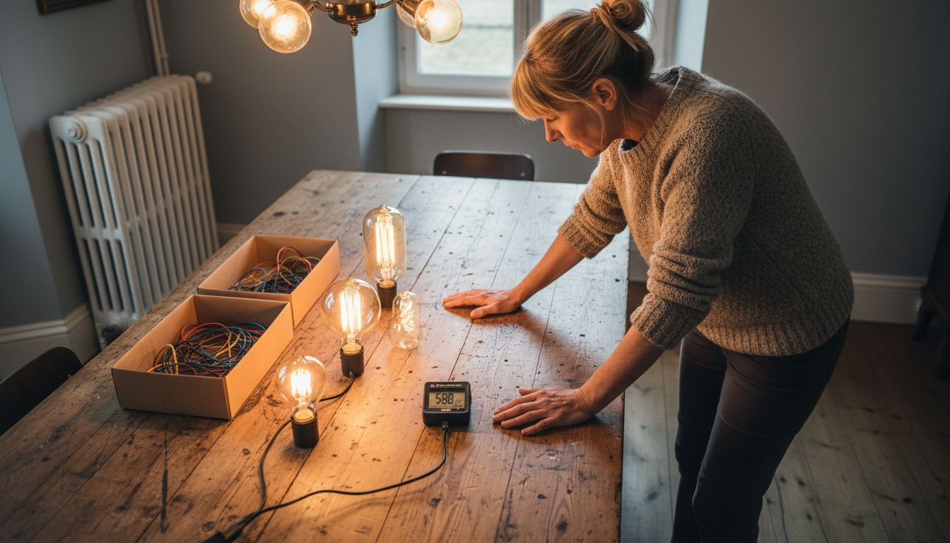 Une femme expérimente différentes ambiances lumineuses avec des ampoules vintage.