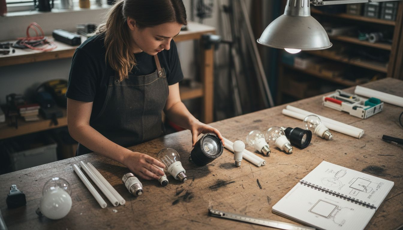 Un designer examine différentes ampoules posées sur son plan de travail, cherchant celle qui conviendra le mieux à son projet.
